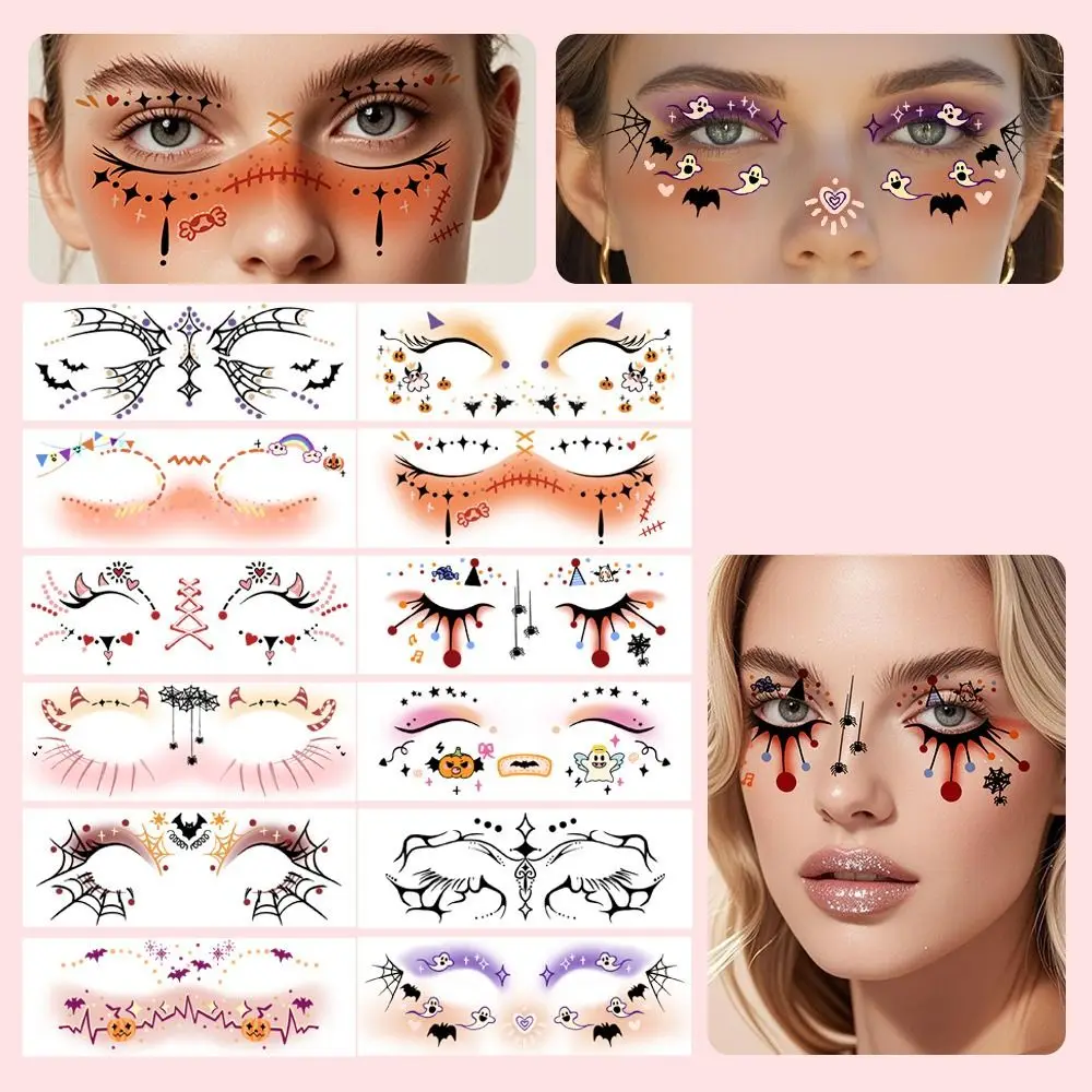 12pcs Disposable Halloween Face Tattoo Portable Waterproof Cheek Temporary Stickers Transparent Long-acting