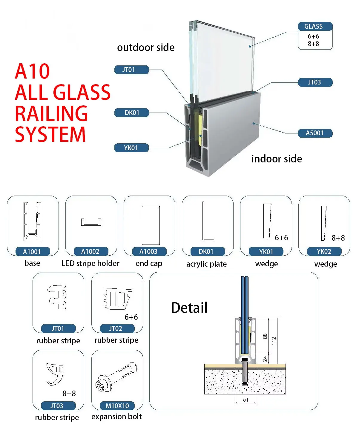 نظام درابزين زجاجي حديث من الألومنيوم على شكل حرف U لدرابزين الدرج الخارجي