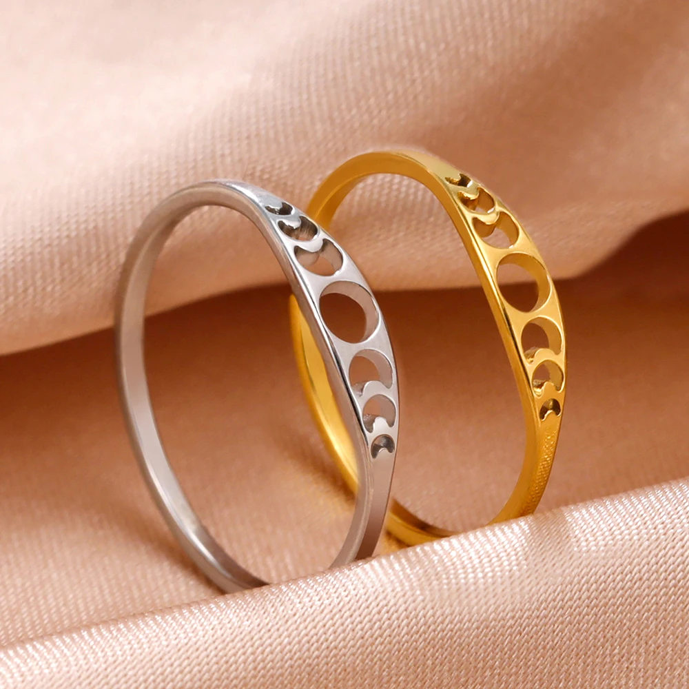 Dawapara Moon Phase Women Ring Lunar Goddess Crescent Moon Minimalist Jewelry Stainless Steel Wedding Band