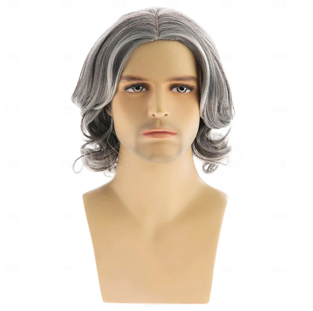 HAIRJOY Synthetic Hair Mens Grey Wig Short Wavy Bob Wig Synthetic Cosplay Party Replacement Hair Wig