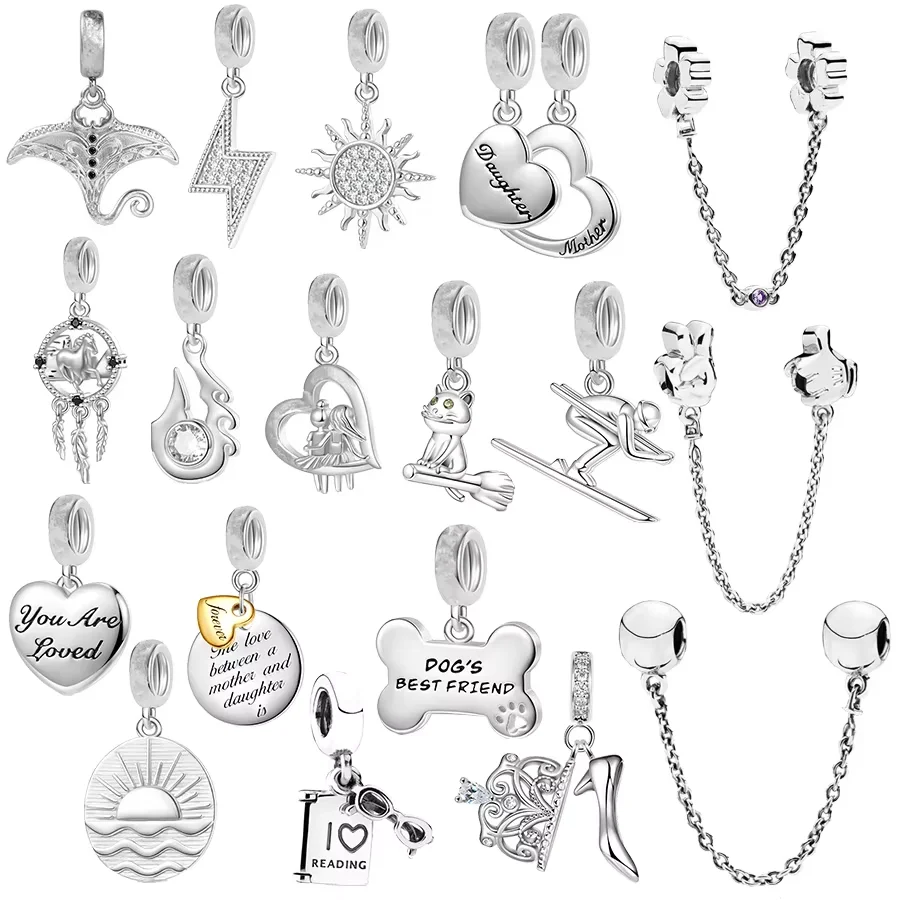 

New Jewelry Gift Lightning Crown Catreading notes Dangle Safety Chain Beads Fit Original 925 Sterling Silver Pan Charm Bracelet