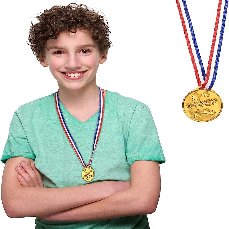 20Pcs Kids Gold Plastic Winner Award Medals Olympic Style Winner for Sports Competition Talent Show Birthday Party Favors