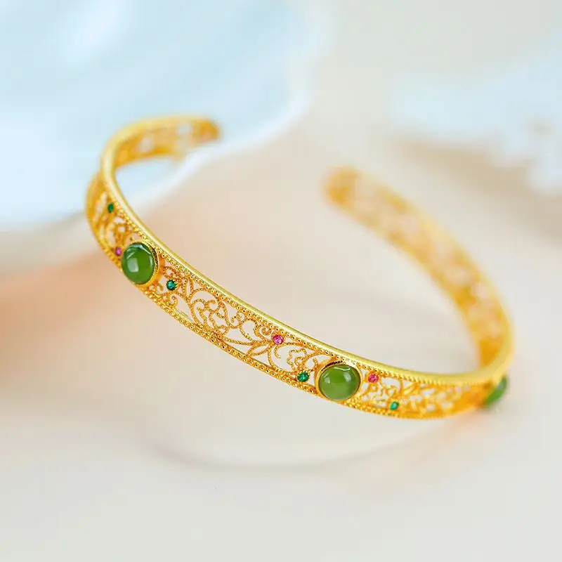 Classic Exquisite Hollow Out Flower Vine Bracelet for Women Natural Chalcedony Vintage Green Charm Bangles Banquet Fine Jewelry