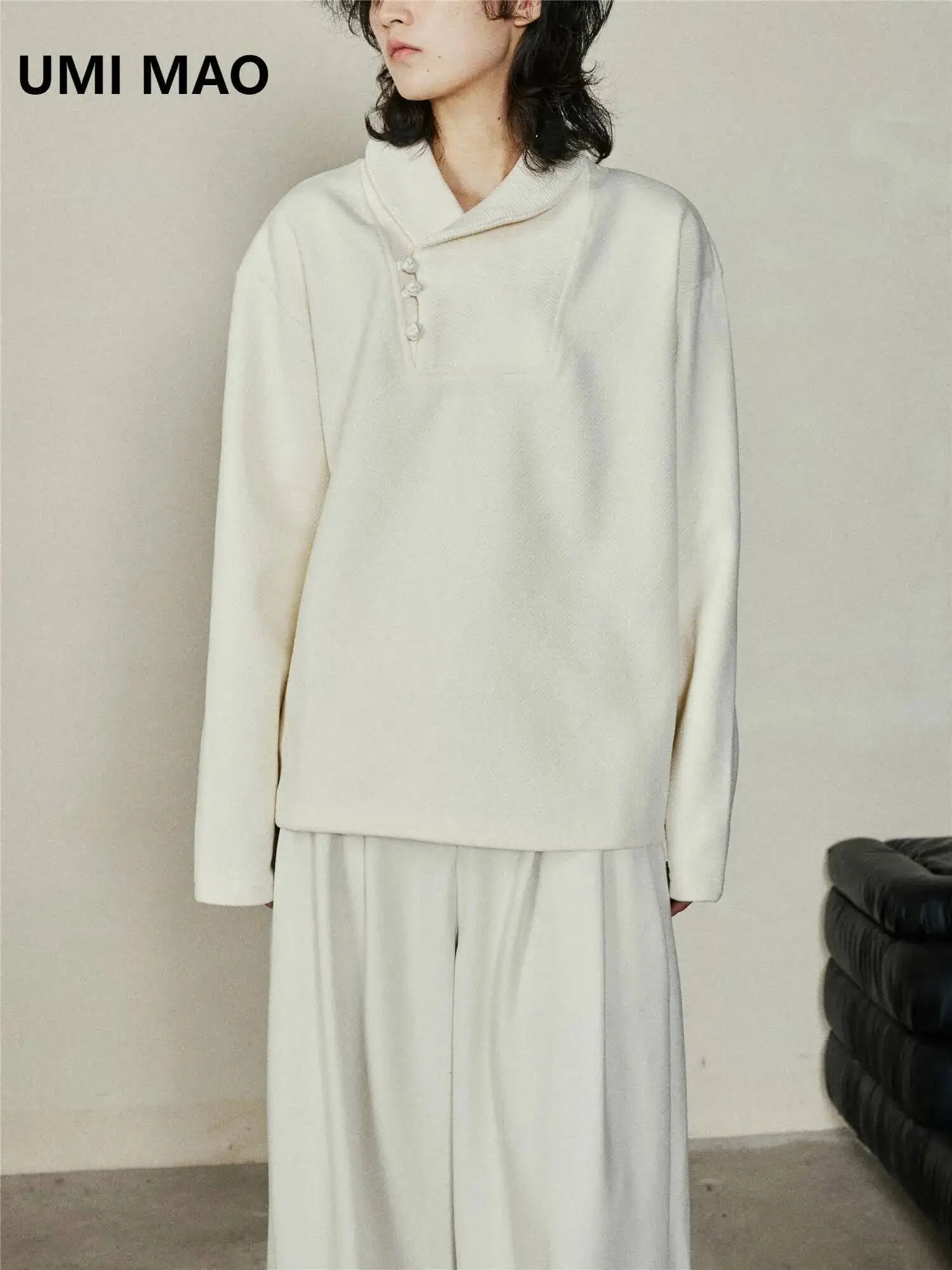 UMI MAO Yamamoto Hoodie Niche Design New Chinese Style Button Up Pullover Casual Loose Collar Woolen Thickened Top Men Women