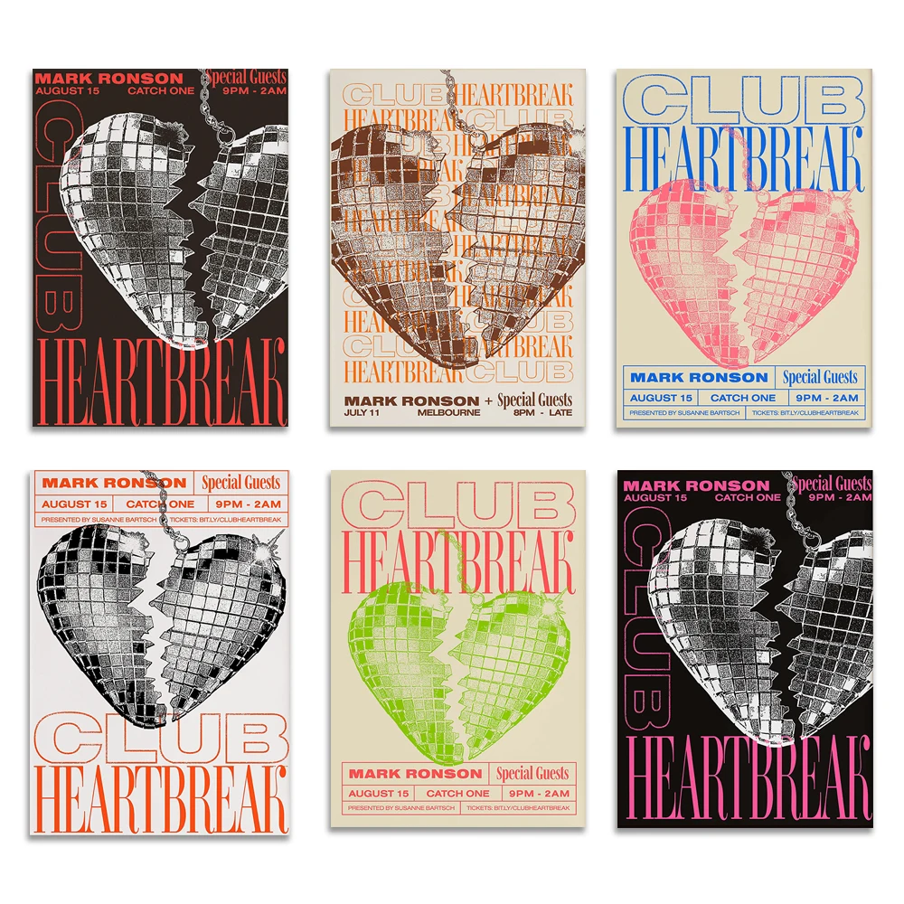 Trendy retro club heartbreak green pink print abstract quote wall art modern room decor poster, illustration aesthetic gift