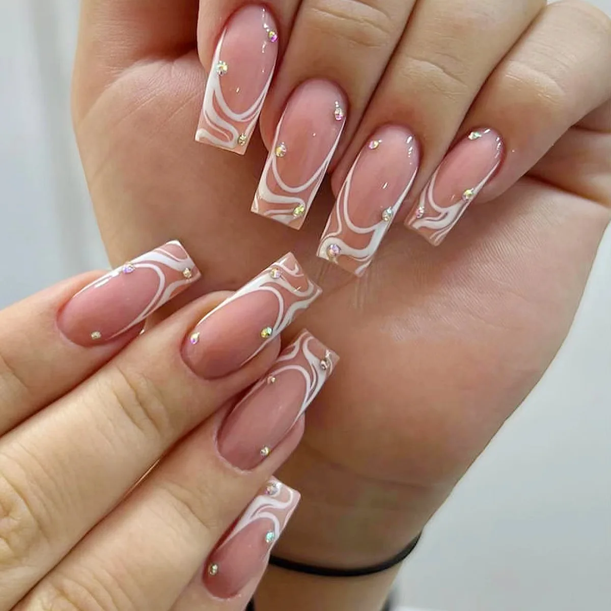 24Pcs Mid-length Nude Color False Nails with White Line Design Simple Ballet Square French Full Cover Acrylic Nail Tips for Girl