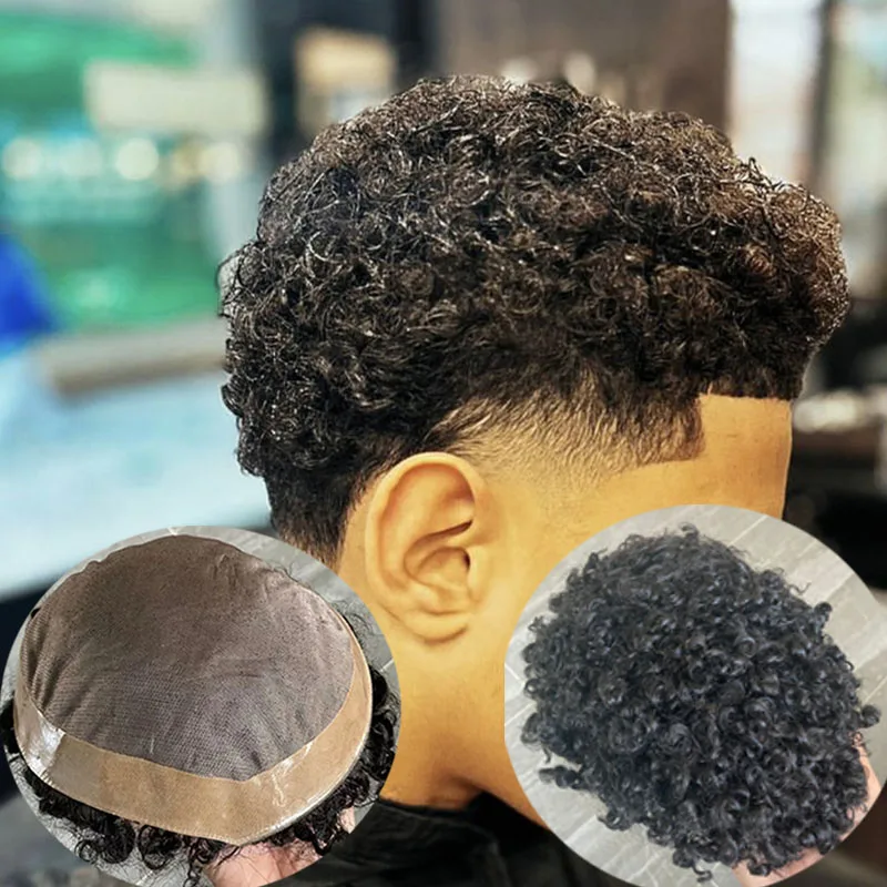 

15mm Afro Kinky Curly Toupee for Men Breathable Mono Lace & PU Around African American Black Mens Human Hair Prosthesis System