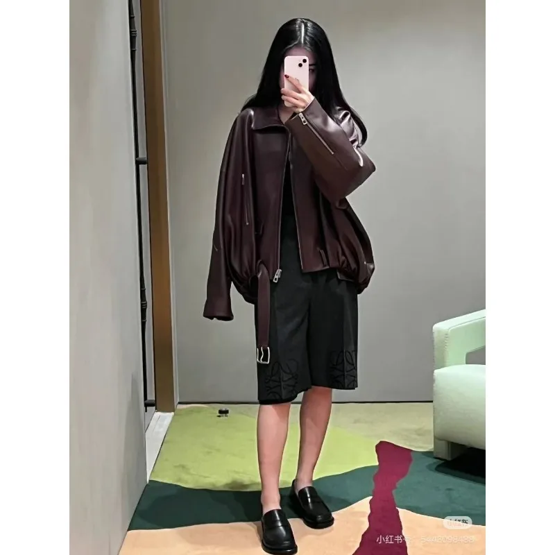 Early Autumn New Streetwear Fashion Belt-decorated PU Leather Classic Jacket Fashion Simple Coat Cross-border Women's Clothing