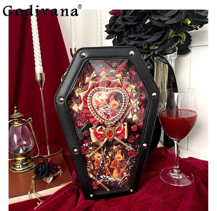

Japanese Original Lolita Small Capacity Coffin Pain Bag Dark Loli Sweet Cool Girl 20cm Baby Bag Rivet Gothic Messenger Bag