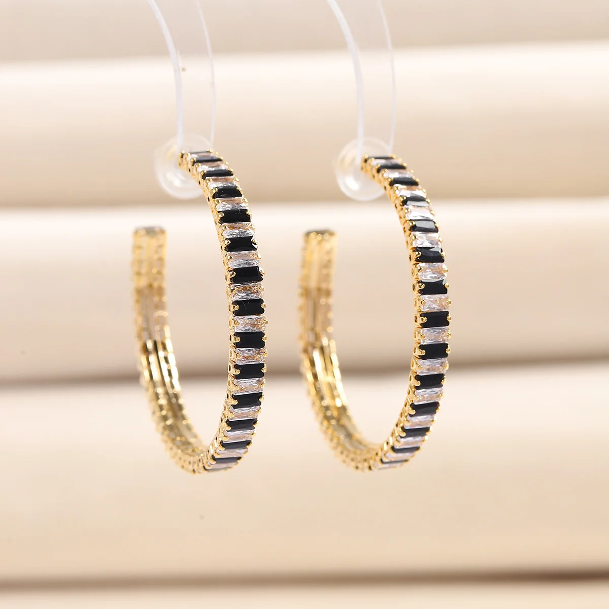 

925 Silver Needle Luxury Black White Gemstone Hoop Earrings, Vintage Party Jewelry Gift for Women
