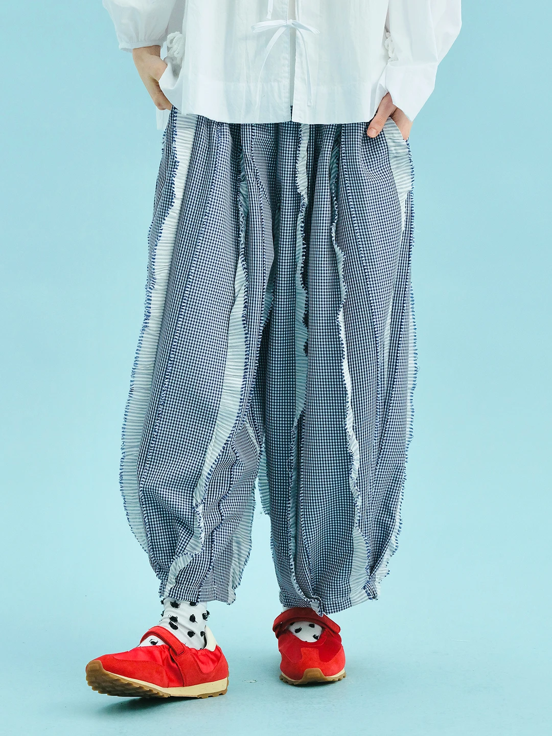 

Women's Blue White Gingham Pants Loose Fit Ruffled Side Stripes Casual Daily Wear Stylish Comfort 255060