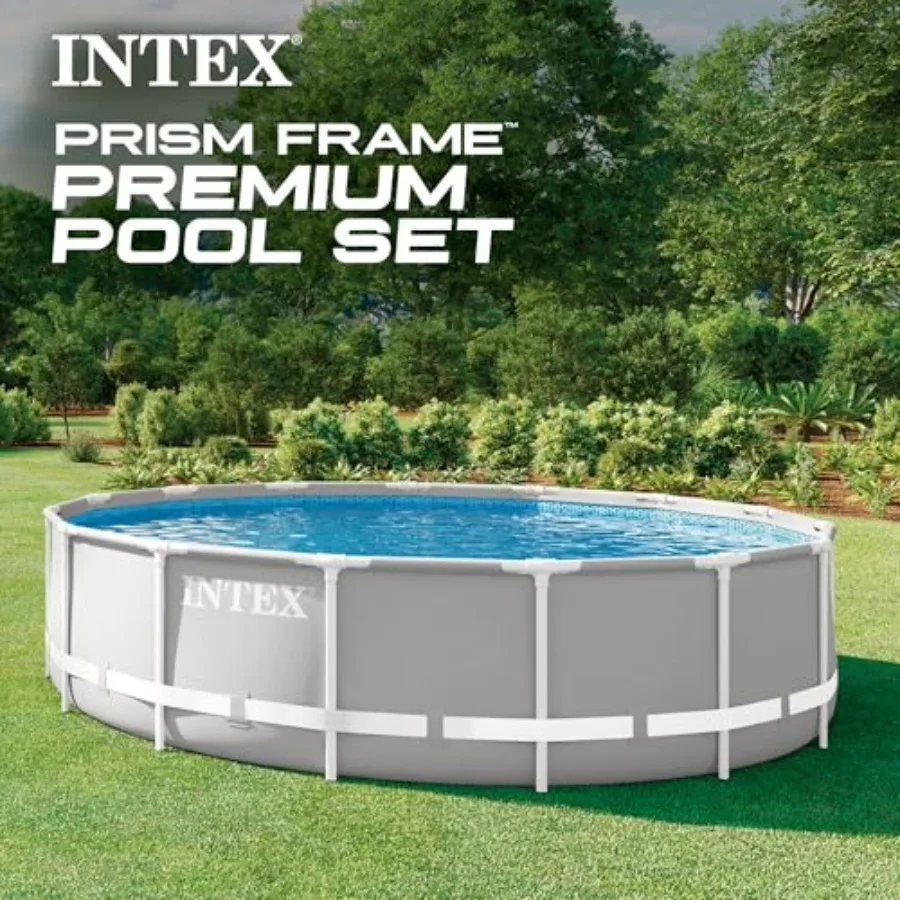 Above ground swimming pool set for backyard use, steel frame with blue finish, rust-resistant and durable construction