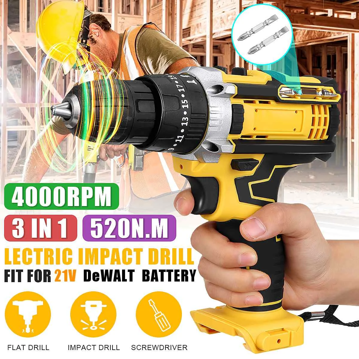 18V 520N.M Brush Cordless Impact Drill 2 Speed Rechargeable Electric Screwdriver Drill with 2xScrewdriver bit for