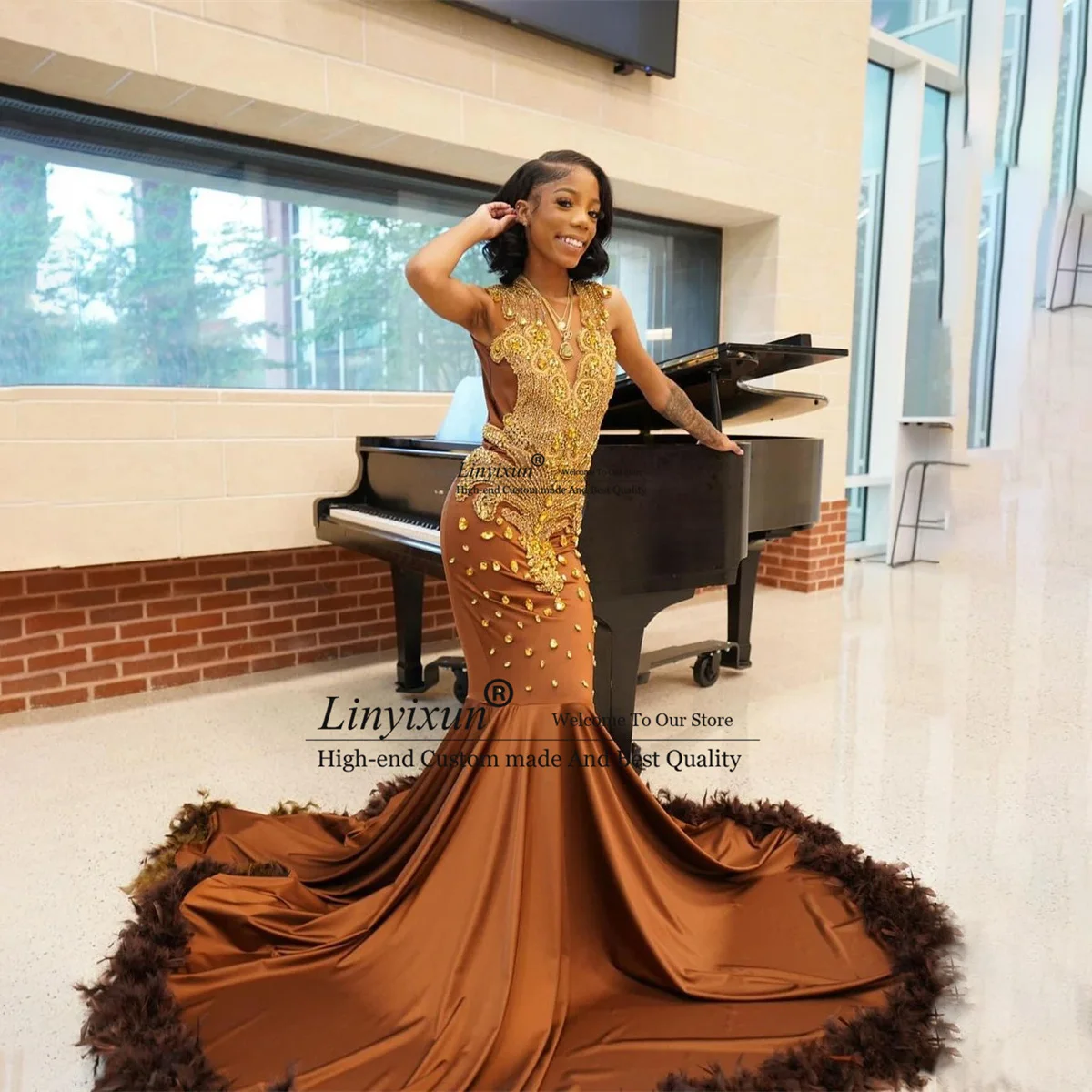 Luxury Brown Prom Dresses 2024 Sheer O-neck Sparkly Diamond Black Girls Feather Mermaid Party Formal Evening Gowns