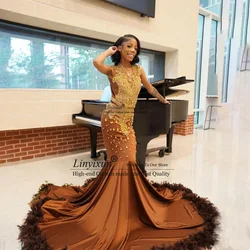 Luxury Brown Prom Dresses 2024 Sheer O-neck Sparkly Diamond Black Girls Feather Mermaid Party Formal Evening Gowns