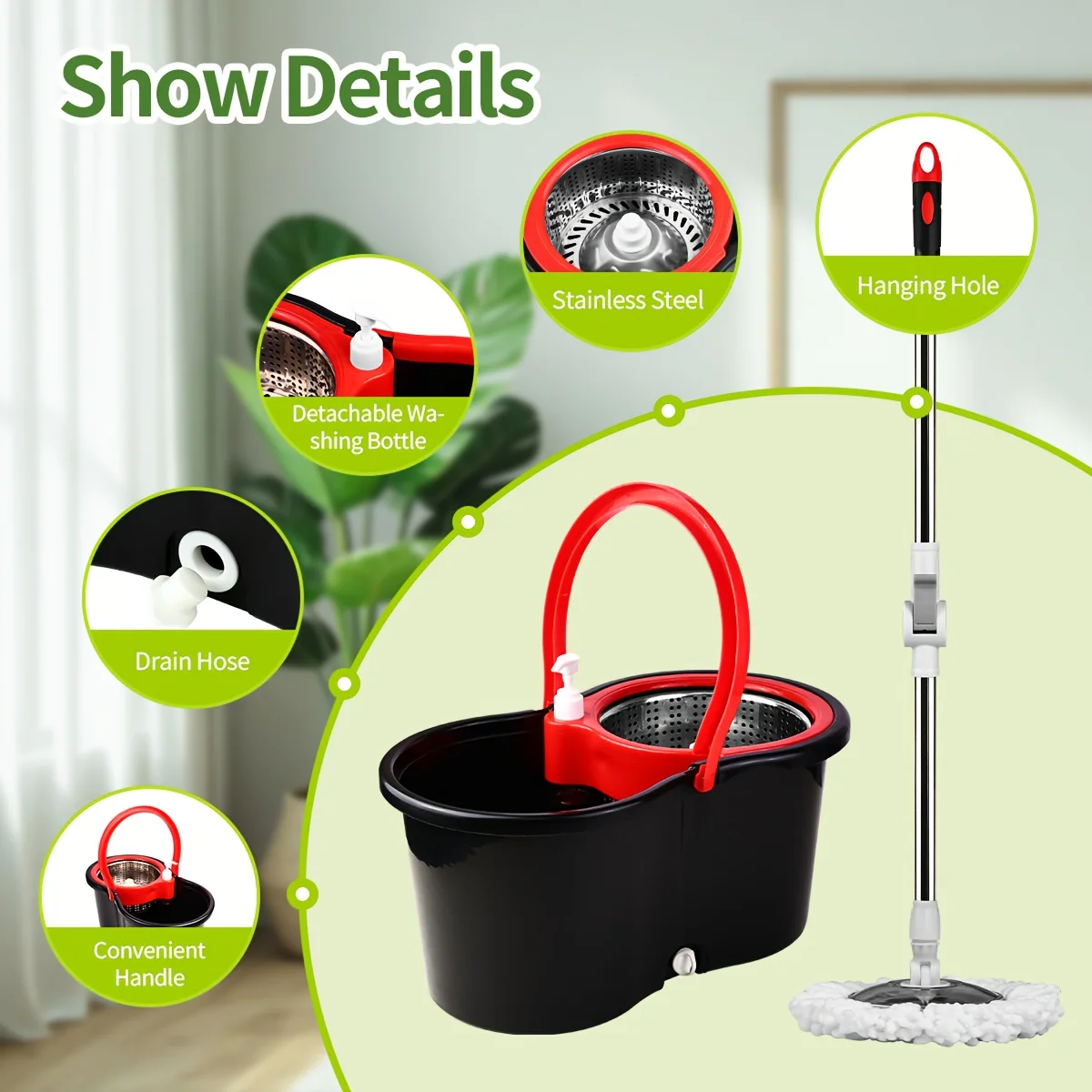 

Spin Mop Bucket Set with Wringer, 360° Rotating Microfiber Mop Heads, Stainless Steel Basket and 61" Extended Handle