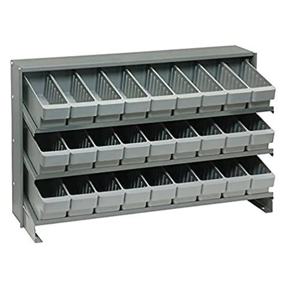 Single-Sided Sloped Display Shelving Storage Pick Rack 8 Shelves Gray Bins Healthcare Warehouse Solution