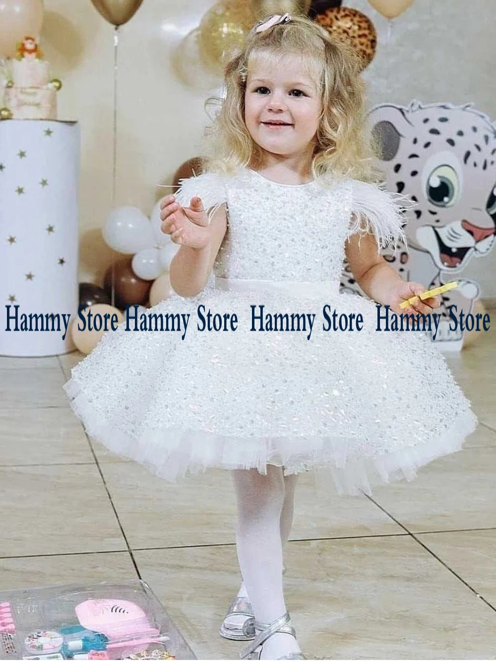 Piume di lusso Glitter Flower Girl Dress Scoop Neck perline Pearl Puff Kids Birthday Party es Wedding Princess