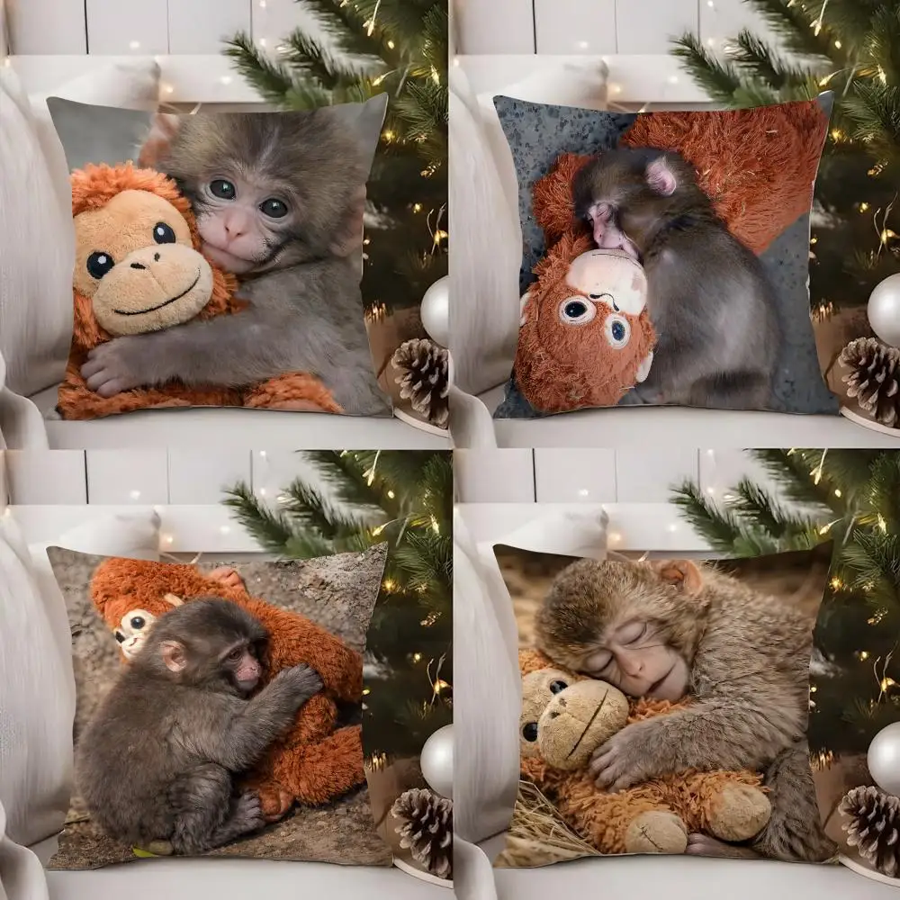 

Innocent Hug Alone Monkey Cushion Cover Short Plush Double-sided Print Square Throw Pillow Covers Sofa Home Cushion Decor