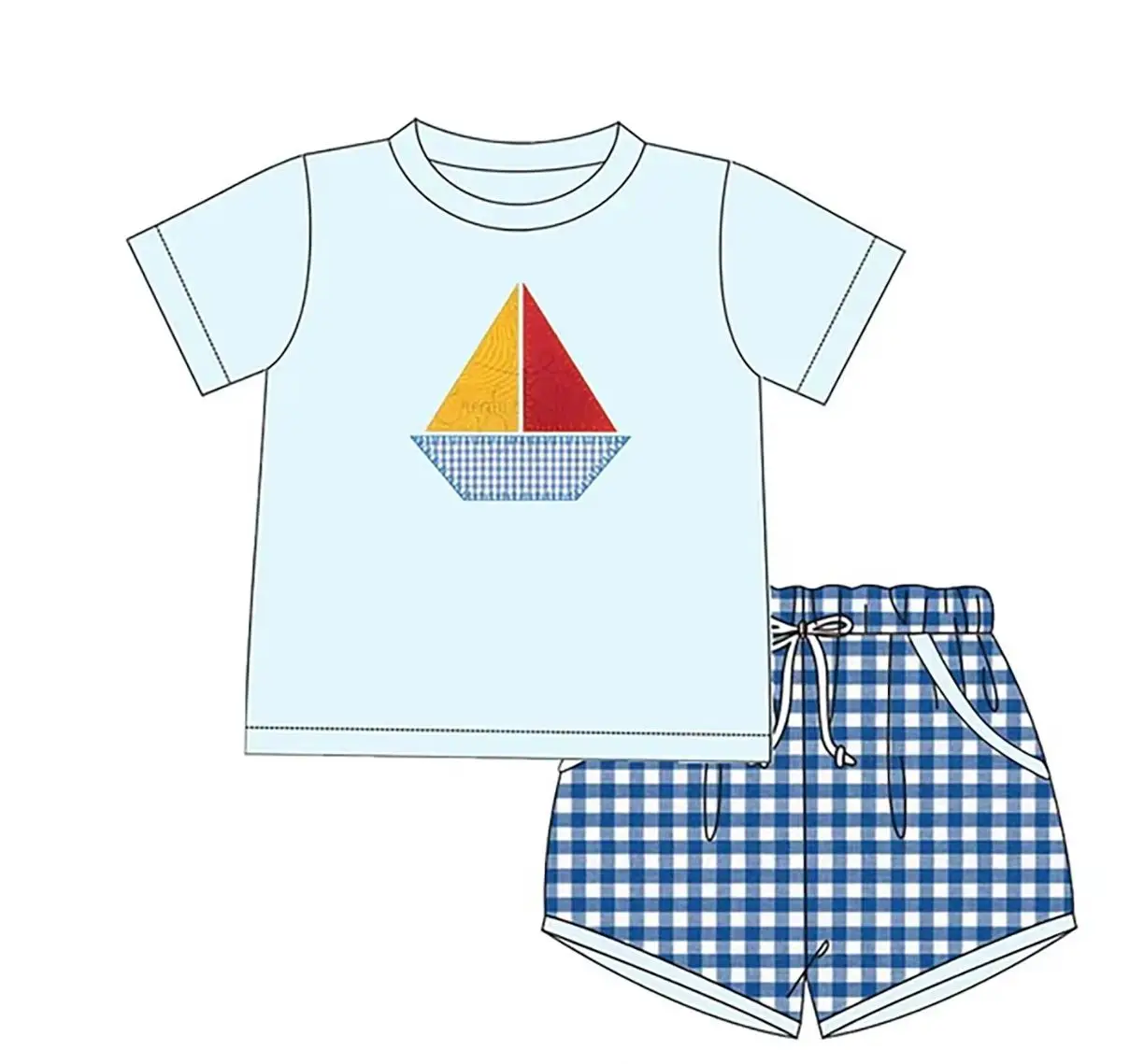 Girl Boy Ocean Vacation Outfit Sailboat Print Top Gingham Shorts Sets Baby Romper Kids Casual Clothes