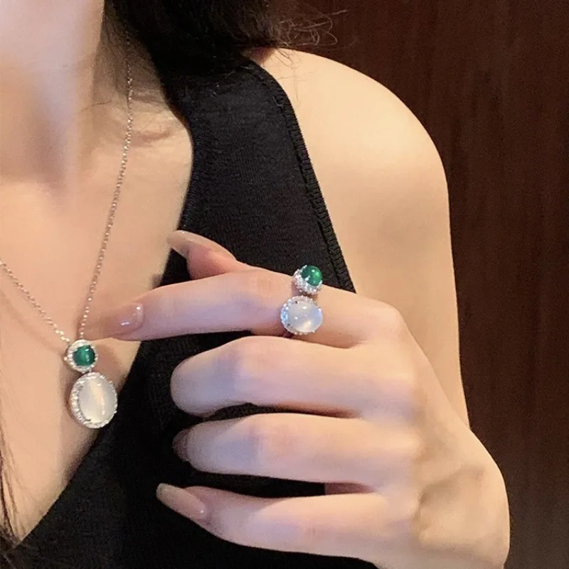 الرجعية الكلاسيكية الأخضر البيضاوي الدائري المزدوج لهجة الطبيعية عالية الجليد العقيق خواتم للنساء تألق مجوهرات الماس الكامل #6