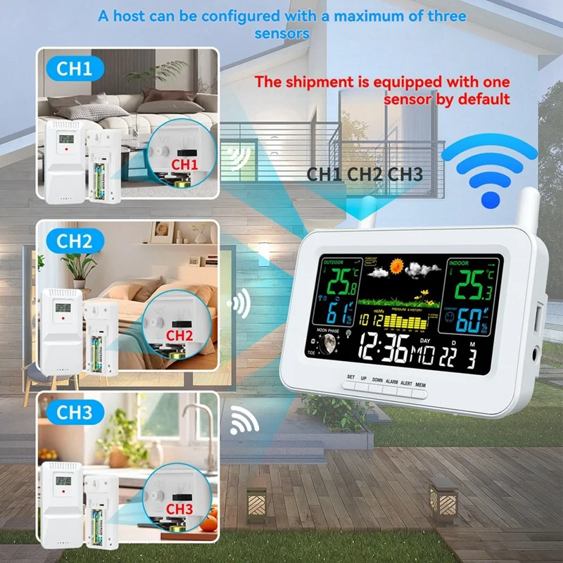 Digitale Wetterstation mit Farbbildschirm, Sonnenaufgangs- und Sonnenuntergangsthermometer, Hygrometer mit kabellosem Außensensor, EU-Stecker