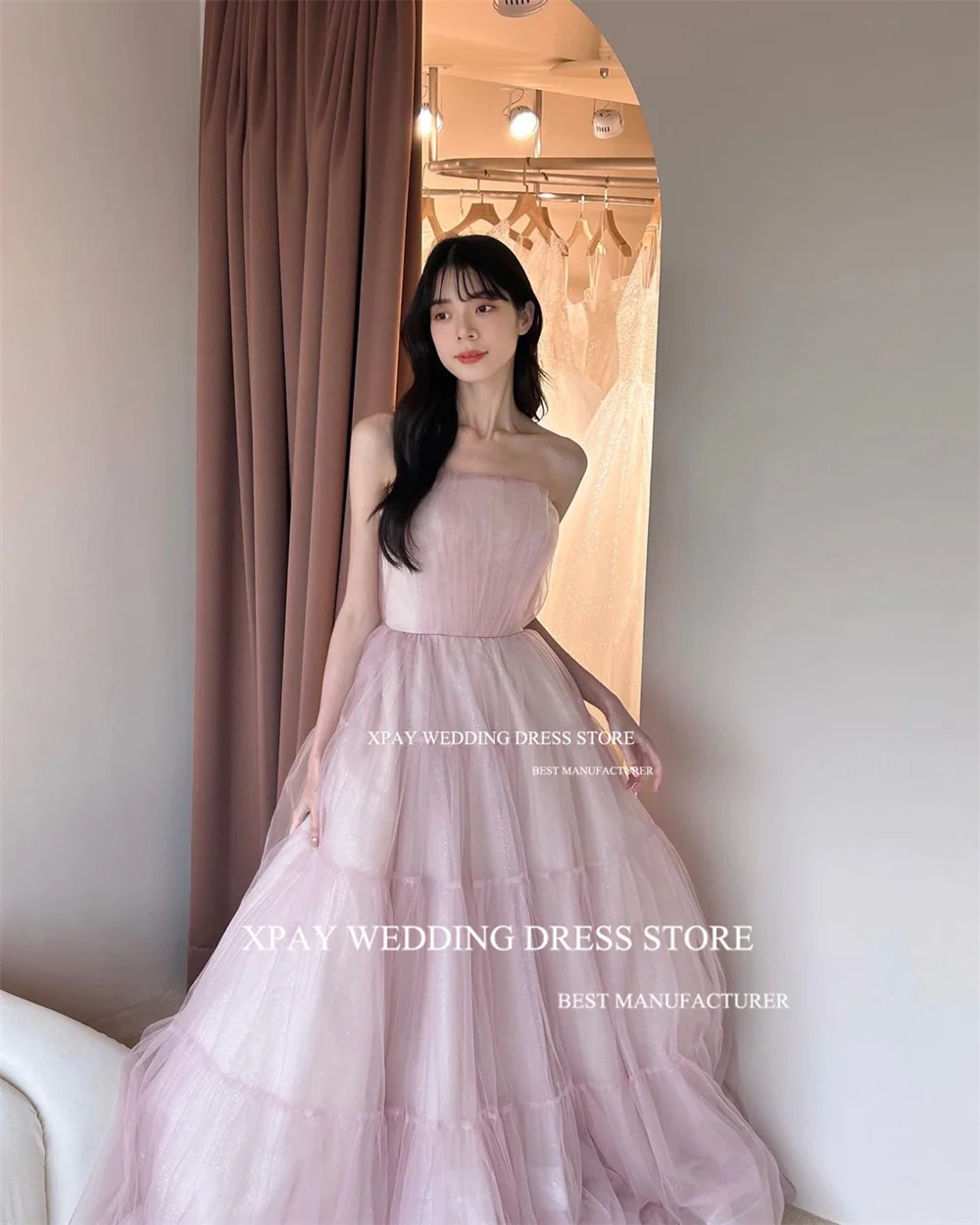 XPAY Elegant Sweet A Line Korea Evening Dresses Sleeveless Ruffles Tiered Fairy Customised Formal Party Prom Gown Floor Length