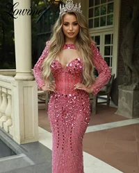 Elegant Long Sleeves Pink Arabic Evening Dress Full Beaded Crystals Aso Ebi Prom Dress Abendkleider Custom Wedding Party Dresses