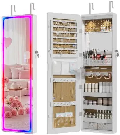 47.2" RGB Lockable Mirror Jewelry Cabinet,Wall Door Hanging Organizer,White | Jewelry Organizer with Lock, Large
