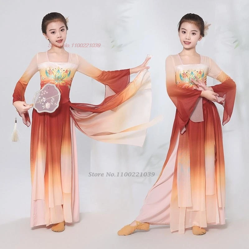 

2025 chinese vintage children dance costume gradient color mesh hanfu tops+pants set vintage chiffon dress stage performance
