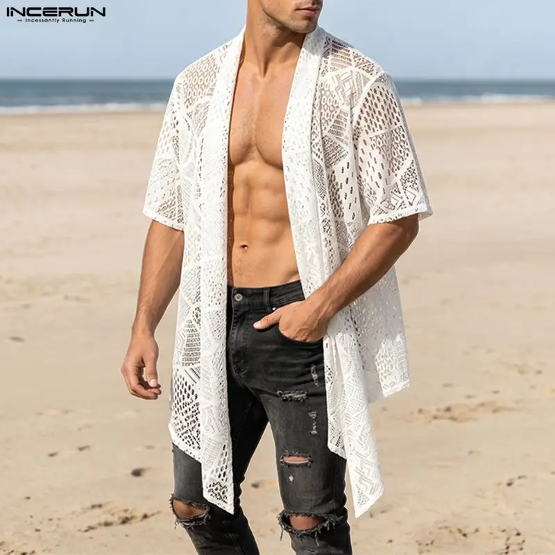 INCERUN Men's Shirt Lace See Through Open Stitch Short Sleeve Cardigan For Man Streetwear 2026 Fashion Casual Tops Men Clothes