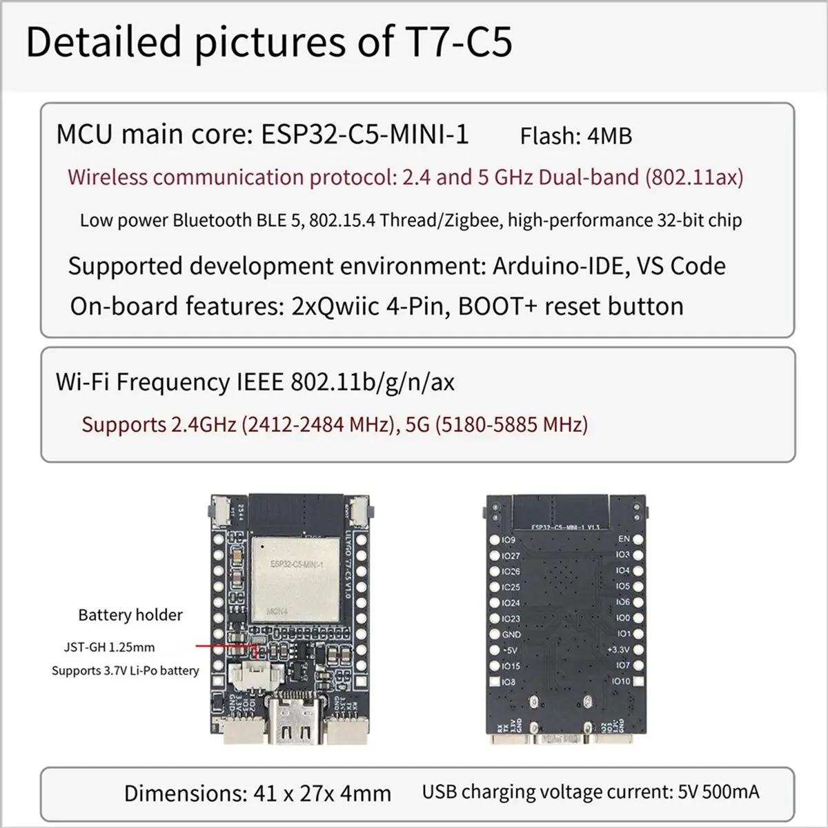 2PCS T7-C5 -C5-MINI-1 Development Board Supports Dual-Band Wi-Fi6 BLE5 Thread/Zigbee SoC 32-Bit Module
