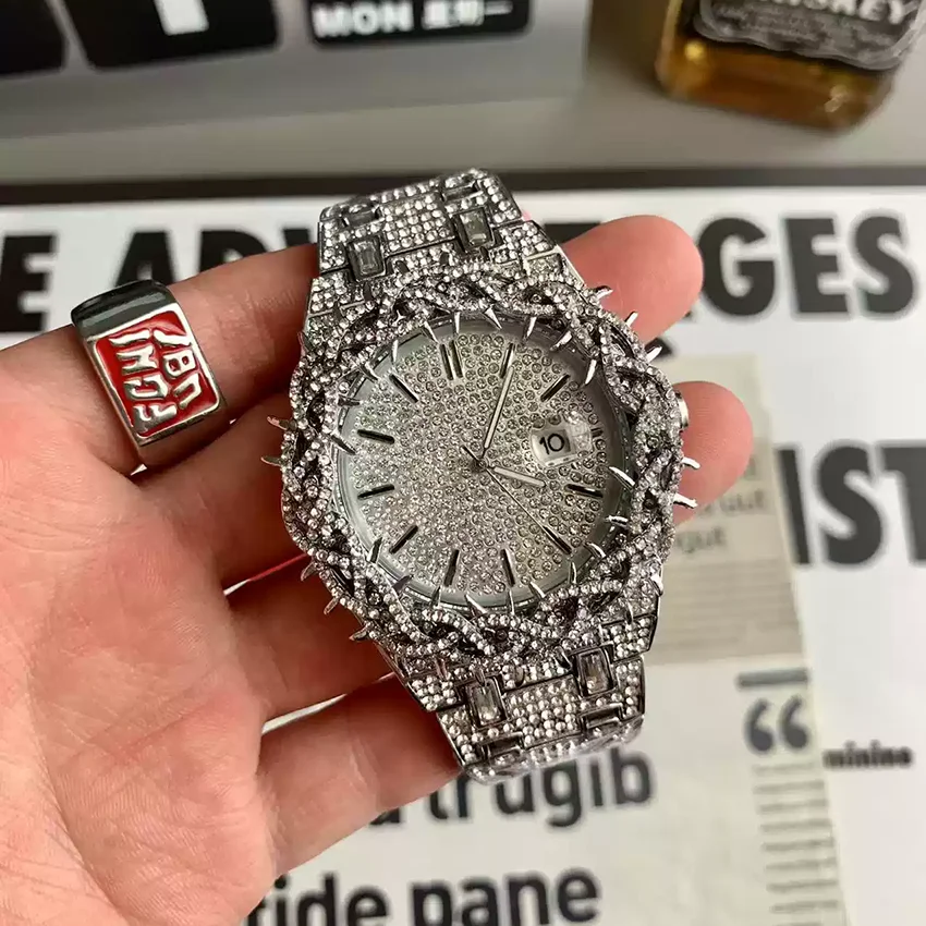Iced out Rhinestone Quartz Watch Thorn Spike Punk Gothic Men's Wristwatch Reloj Hombre Stainless Steel Waterproof for Party