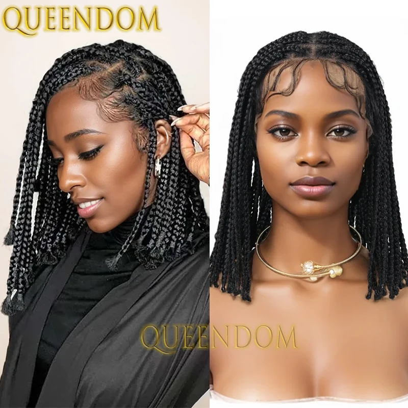 

Queendom 10 Inch Synthetic Short Bob Wig Knotless Silky Cornrow Crochet Braids Wig Full Lace Faux Locs Box Braided Dreadlock Wig