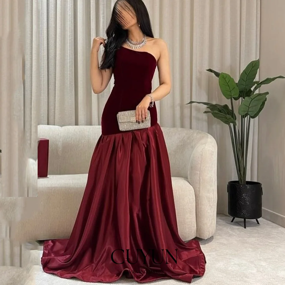 CUYUN عنابي بدون حمالات ثوب مسائي المملكة العربية السعودية المخملية والتفتا فساتين لحضور الحفلات الموسيقية الطويلة مخصصة شبه حورية البحر ثوب الحفلات #1
