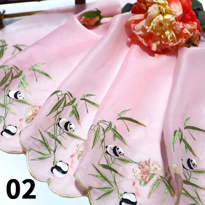 100*45cm Chinese Classical Style Panda Sakura Embroidery Fabric Chiffon DIY Antique Hanfu Stage Costumes Shirts Doll Cloth