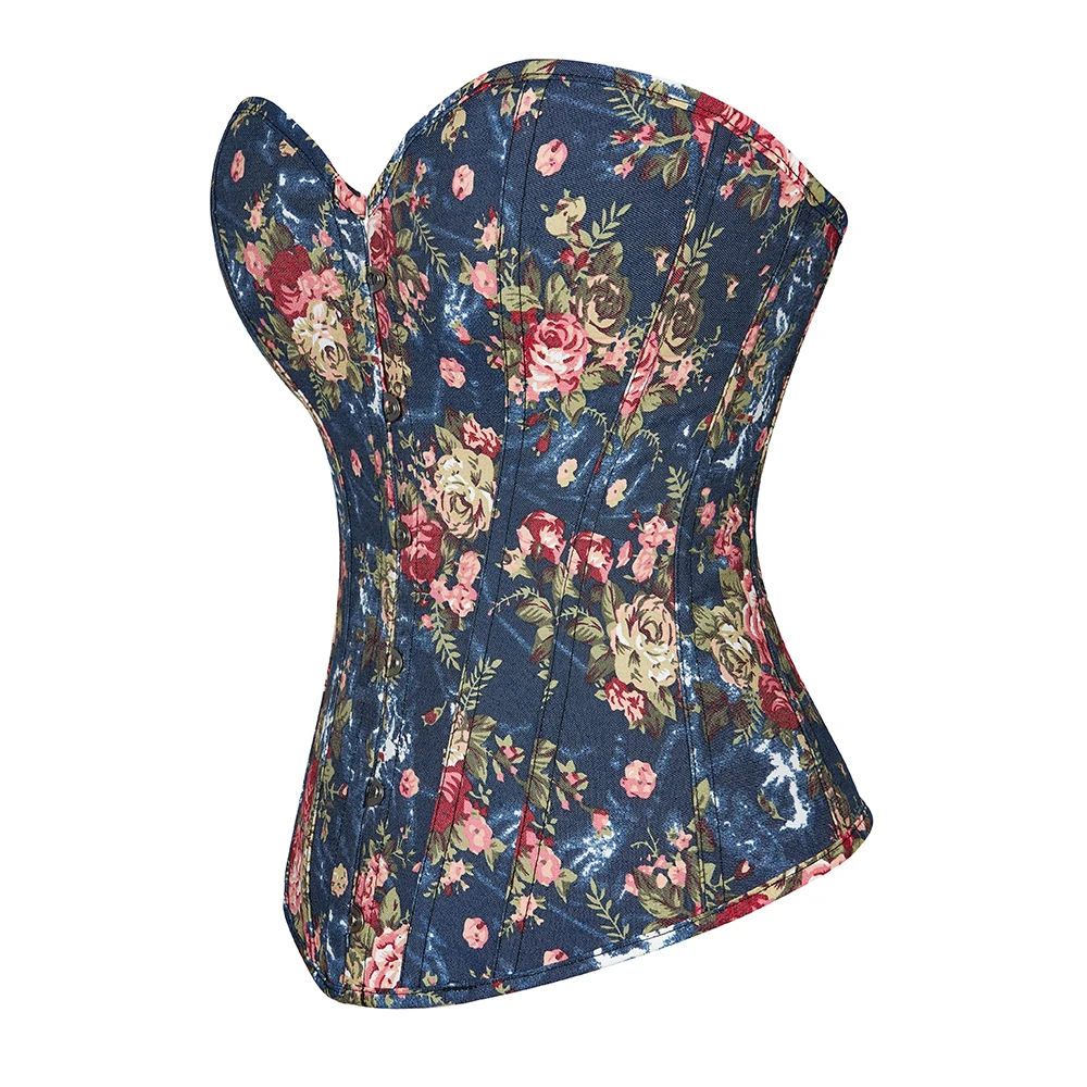 Vintage Korset for Women Blue Denim Bustier Top Overbust Floral Printed Corset Fashion Corselets