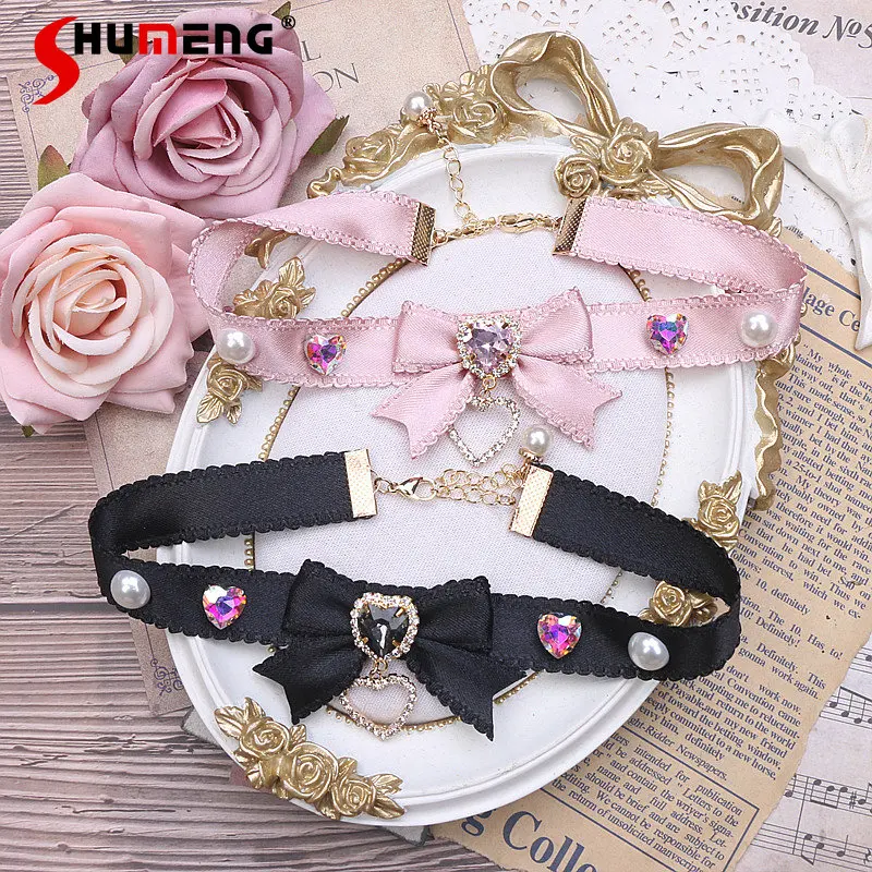 Female Customized Handmade Japanese Sweet Cute Heart Shape Rhinestone Ribbon Bow Stickers Necklace Collar for Women