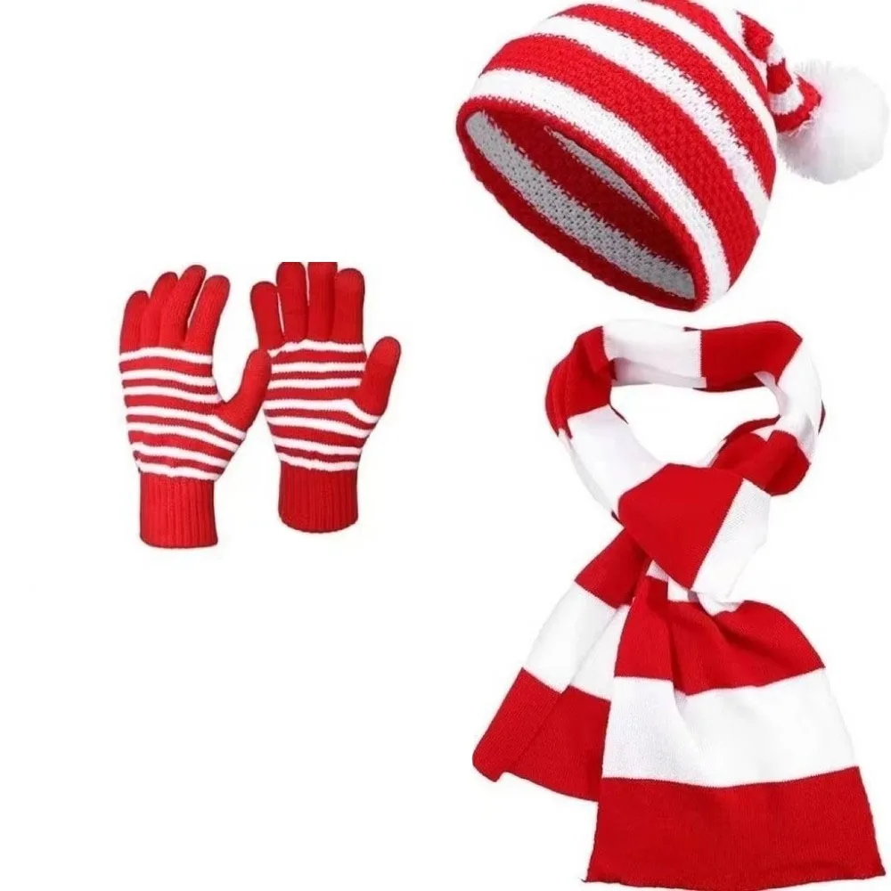 Thermal Yarn Christmas Hat Scarf Gloves Striped Pattern Xmas Beanie Elastic Fit Bright Colors Knitted Holiday Scarf