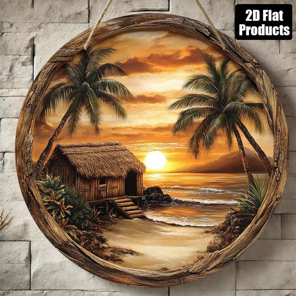 2D Flat - Suitable for All Four Seasons, a 2D Flat, One Round Wooden Board Decorative Sign with a Beach Sunset Cottage Theme, Pe