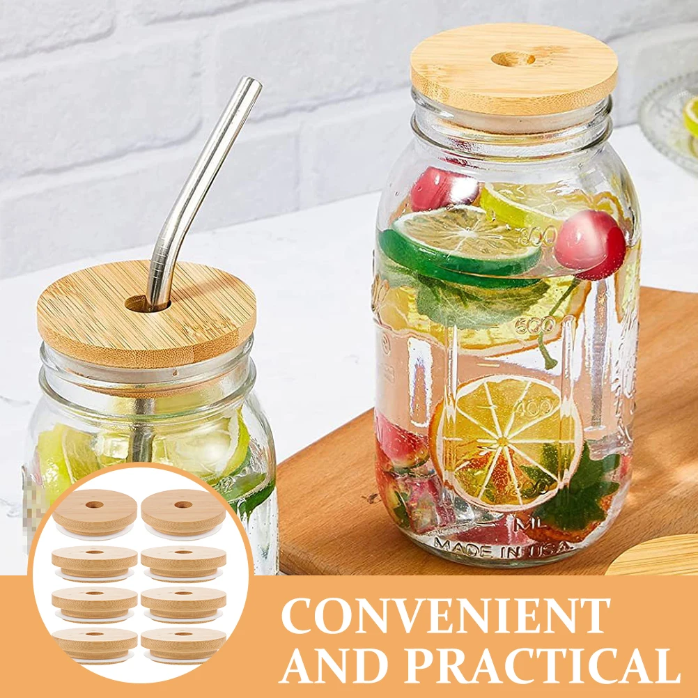 

8Pcs Wood Texture Jar Lids Straw Hole Reusable Canning Lids Jar Covers Multipurpose Cup Lid Bottle Lid Household Use
