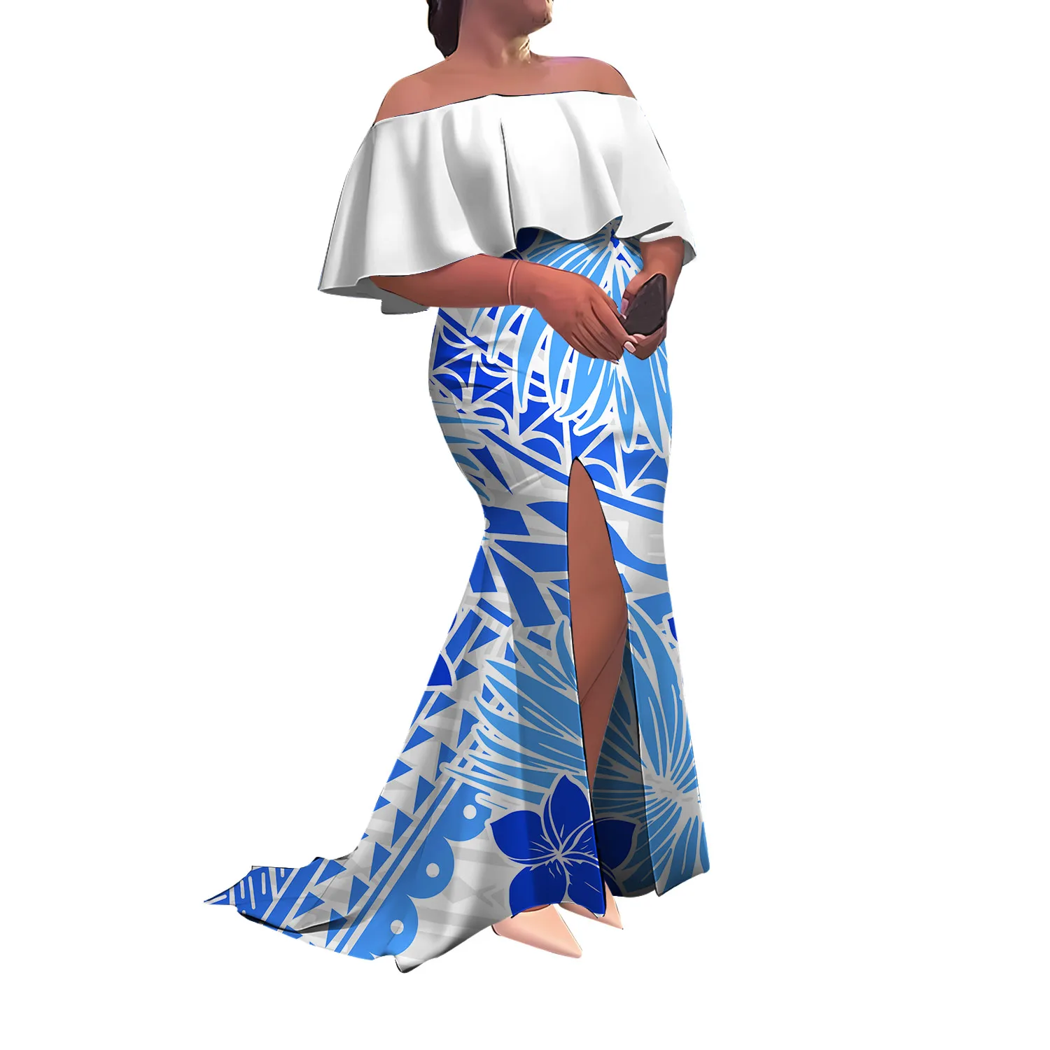 فستان نسائي بولينيزي طويل مصنوع حسب الطلب بطول الأرض فستان سهرة بكتف واحد بدون أكمام بفتحة ضيقة فستان ذيل السمكة #4