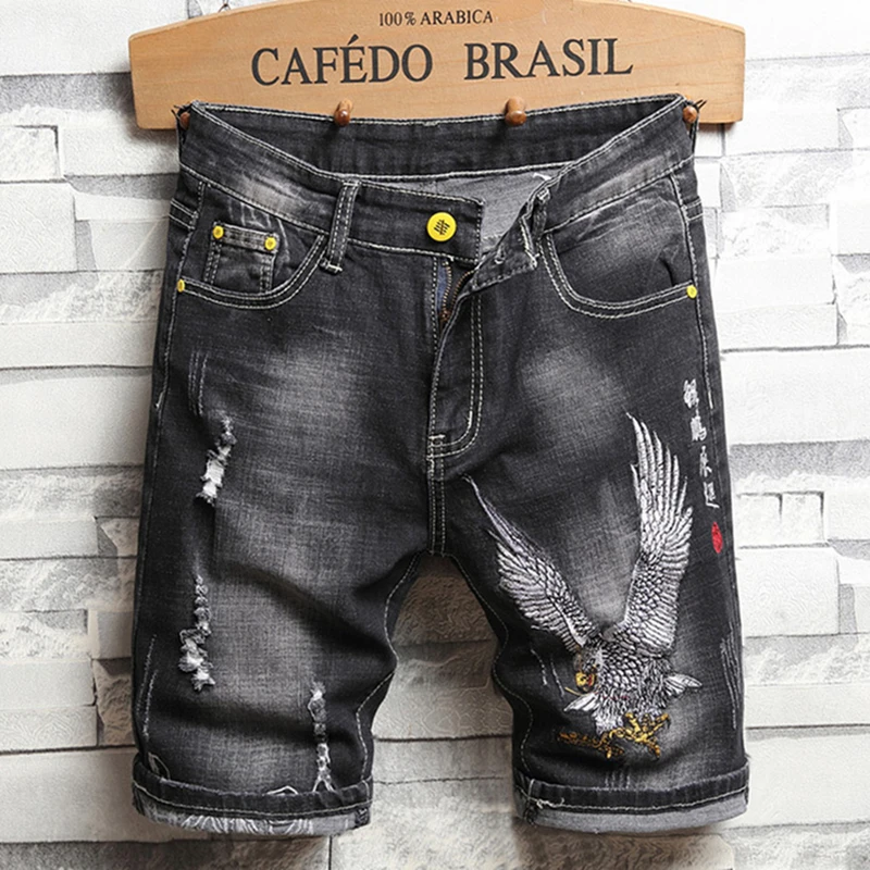 New Summer Punk Men's Denim Shorts Fashion Embroidery Ripped Middle Trousers Black Mid-Waist Casual Pant Stretch Slim Clothing