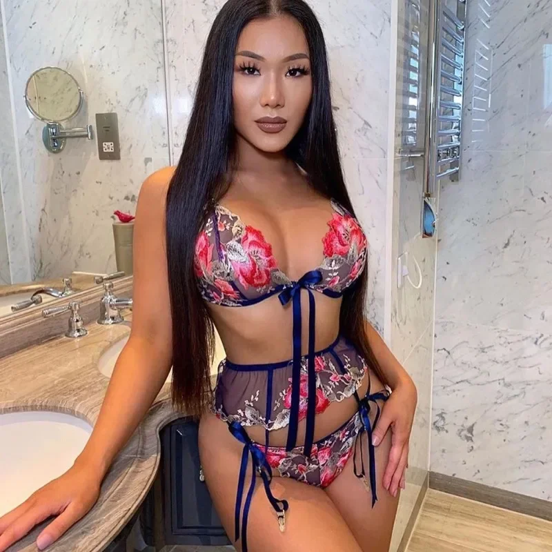 الملابس الداخلية النسائية مجموعة شفافة الصدرية مثير ثلاث قطع مجموعة ربطة القوس فيونكة المثيرة الملابس الداخلية مثير ثلاث نقاط الملابس الداخلية المثيرة الرباط الأشرطة #6