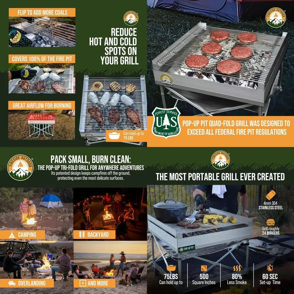 

Portable Quad-Fold Fire Pit Grill - Compact Outdoor BBQ Grate for Camping and Cooking Adventures