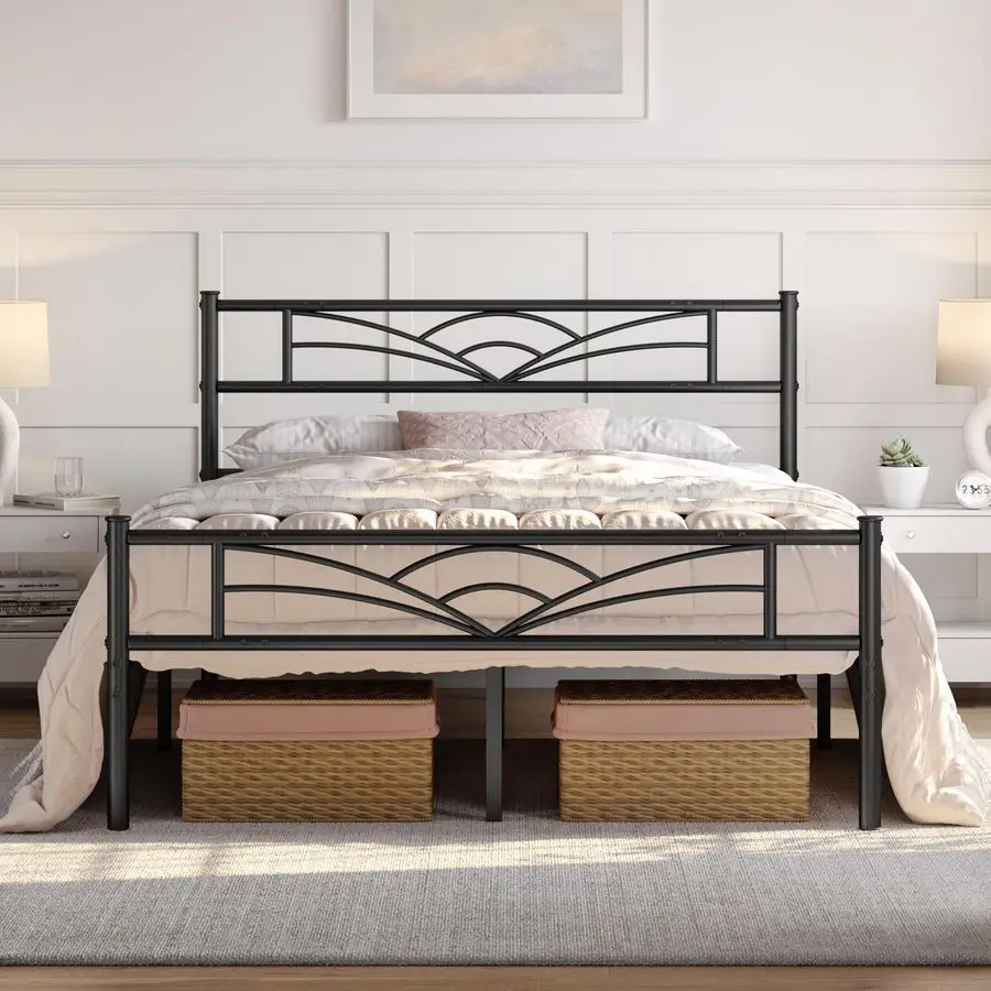 4ft6 Double Bed Solid Bed Frame with Cloudinspired Design Headboard and Metal Bed Slats, Ample Underbed Storage Black