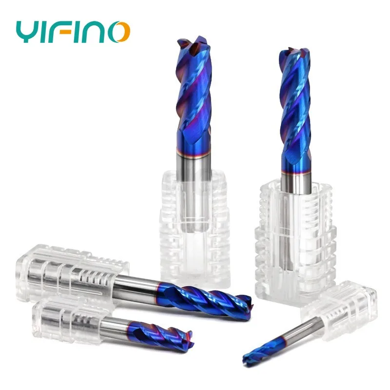 YIFINO HRC70 4-Flute Blue Nano Coating Milling Cutter Tungsten Steel Carbide Flat End Mill For CNC Machining Endmill Tools