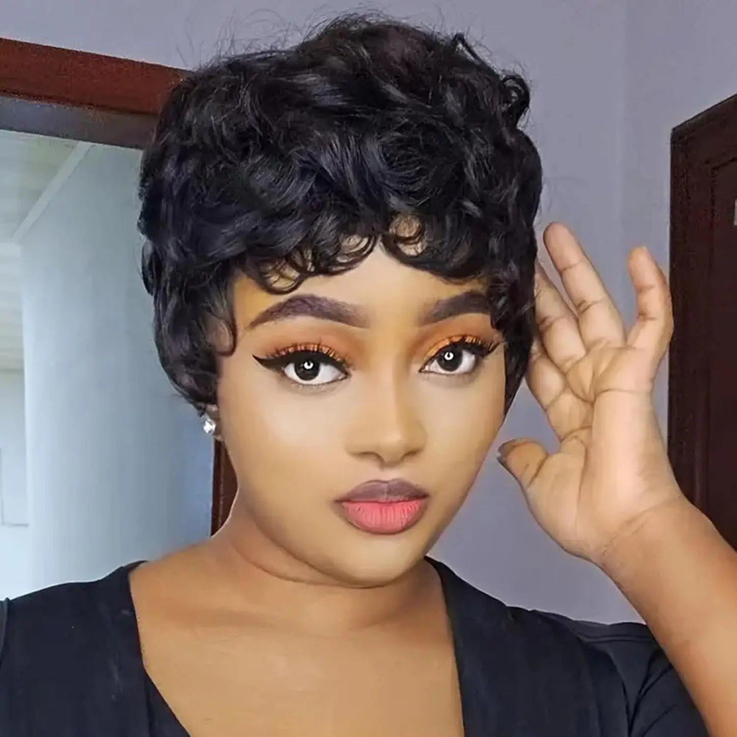 Short Curly Human Hair Wigs  Perruques Humain Pour Femme  Wig with Bangs Machine Pixie Cut Wig  Afro Kinky Curly Wig  Bob Wig