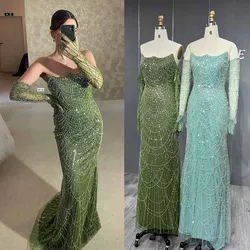 YQLNNE Luxury Dubai Greenery Evening Dresses With Gloves Sweetheart Beadings Saudi Arabia Women Wedding Party Gowns