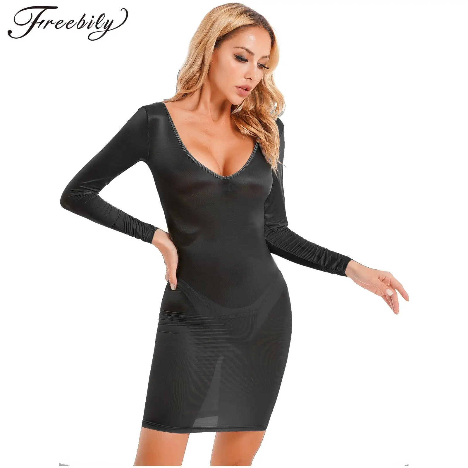 

Women Sexy Bodycon Dress Glossy Deep V Neck Long Sleeve Night Dress Perspective Clubwear Transparent Mini Dress with G-string